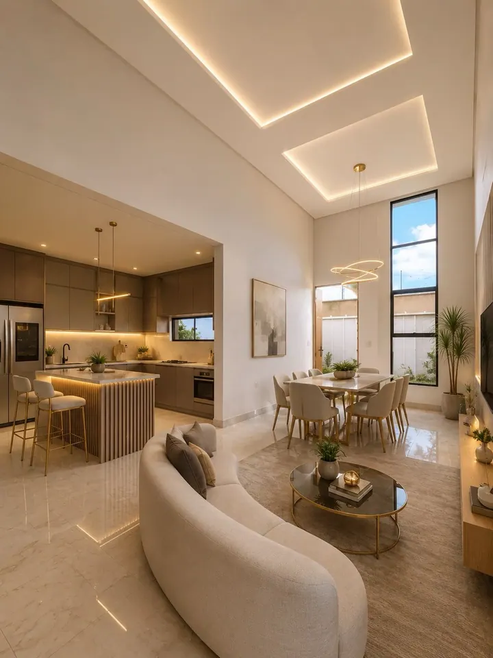AI design visualisation: cream seating, fluted island and sculptural lighting