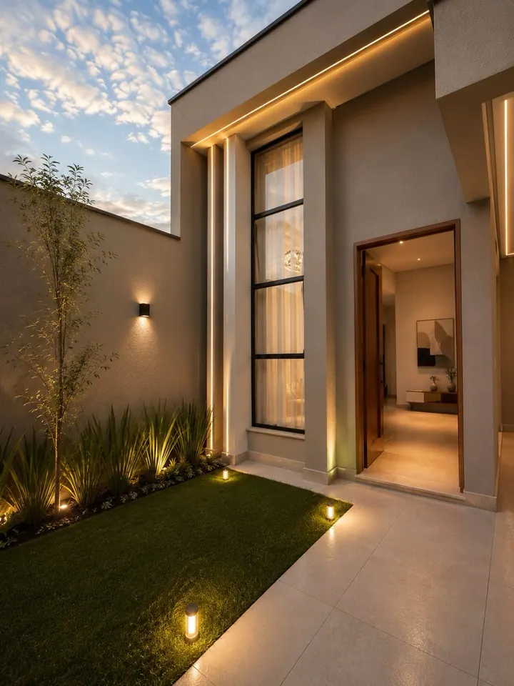 AI design visualisation: warmly lit entrance, tall window and planted garden